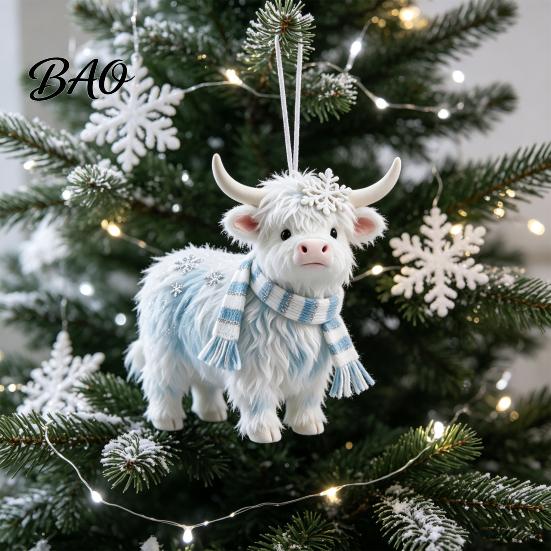 Lightweight Gifts for Friends Family Highland Yak Ornament Christmas Tree Hanging Decor, Cute 2D Flat Kids Room Decorations Acrylic Pendant with Gold