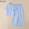ZANZEA Women Short Sleeve Blouse and Pants Summer Stripe Print Two Piece Sets