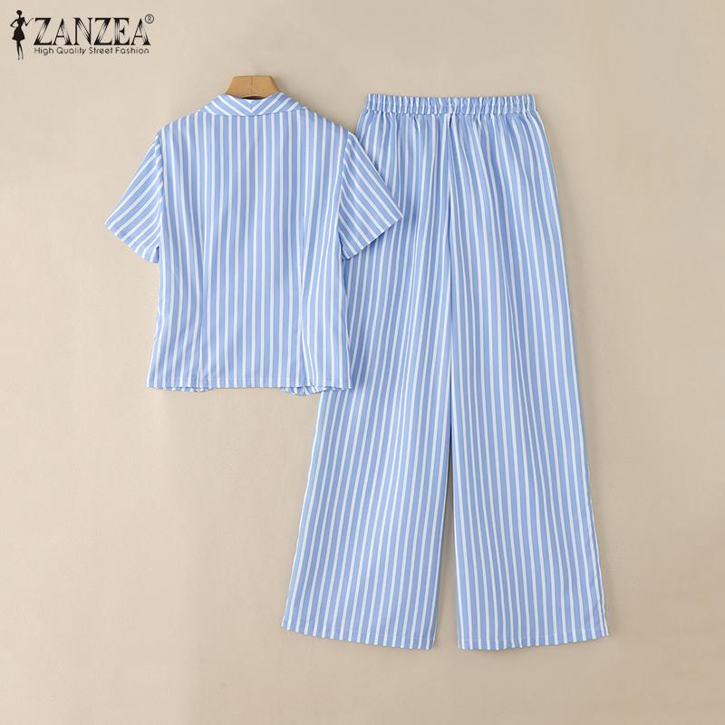 ZANZEA Women Short Sleeve Blouse and Pants Summer Stripe Print Two Piece Sets