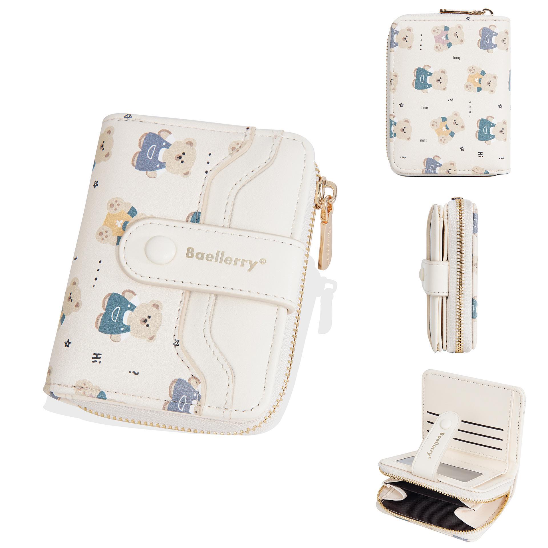 

Women s Bear Print Multi-card Slot Wallet with Zipper Coin Purse бежевий