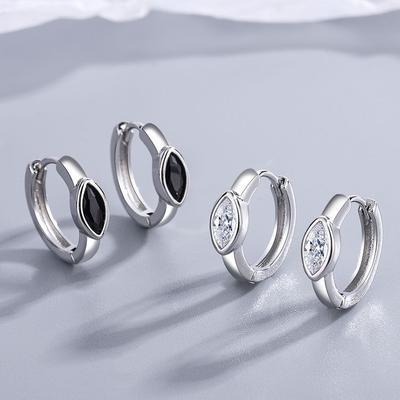 Orecchini a cerchio di cristallo in vero argento sterling 925 per le donne Semplice coreano orecchino di pietra nera / bianca regalo di gioielli per feste di nozze Jkfd