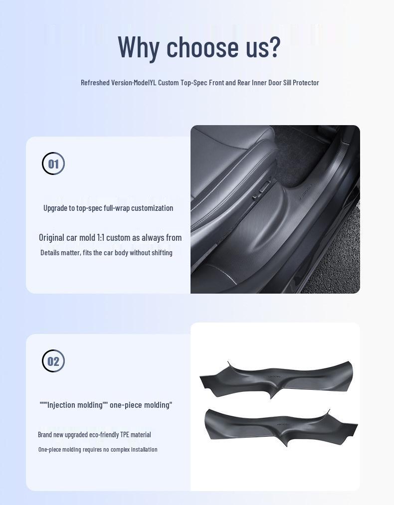 Tesla Model YL Accessories: Updated 6-Seater Door Sill Strips, Center Console Anti-Kick Panels, and Front/Rear Seat Protectors.