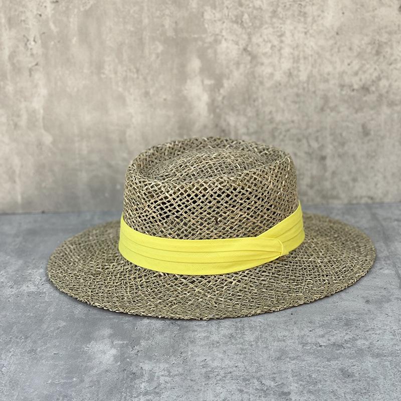 Internet Celebrity Versatile Round Top Fashion Straw Hat Female Summer Celebrity French Natural Salty Straw Weave Flat Brim Sunshade Top Hat