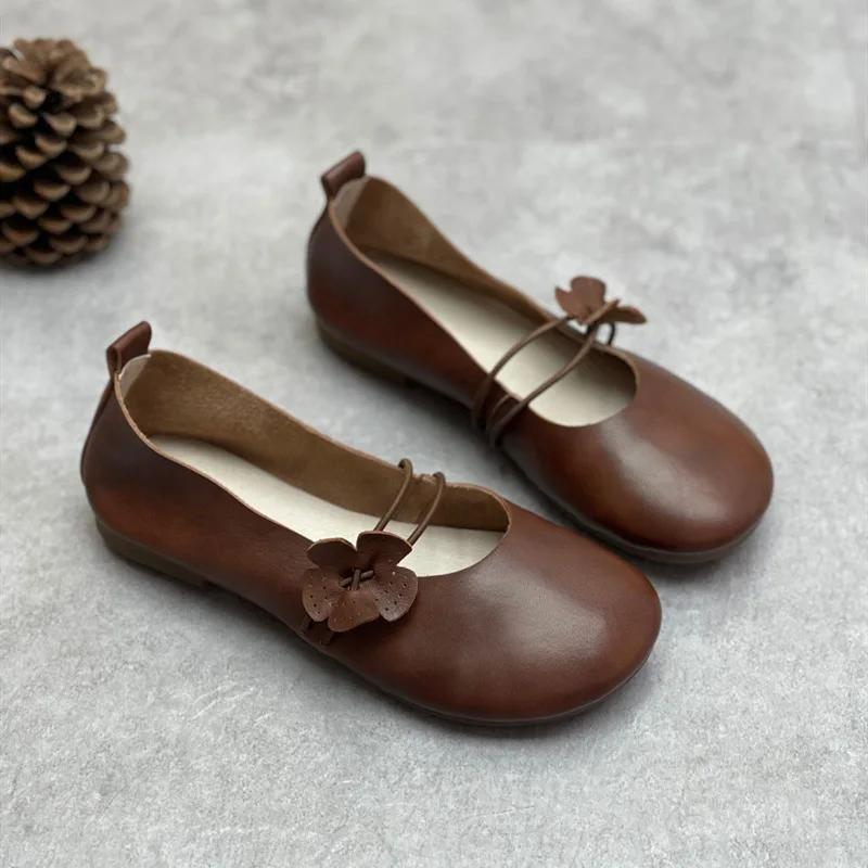 

Модные туфли на плоской подошве из старой коровьей кожи для женщин, винтажная обувь с мягкой натуральной кожей 40 темно-коричневого