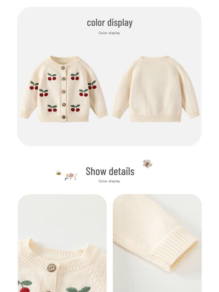 Frühling/Herbst 2025 Baby Kirsche Strick Strampler Set - Niedliches Baumwoll Latzhose Bubble Outfit