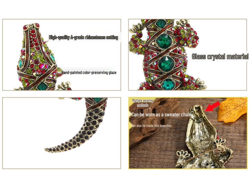 Elegant Alloy Crocodile Brooch with Inlaid Diamonds - Versatile Men's Suit Accessory and Animal Corsage.