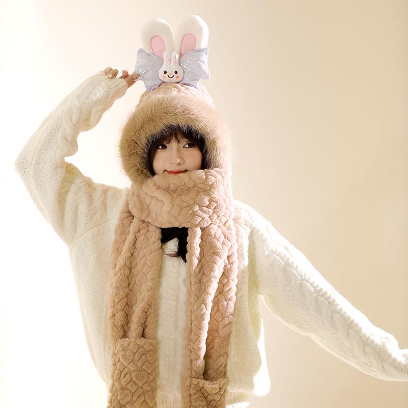Women's Cozy Fox Ear Plush Hat with Integrated Scarf - Warm, Soft Lei Feng Design for Autumn and Winter. Perfect Ear Protection for Students.