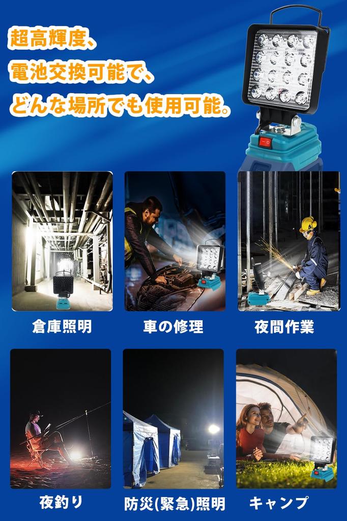LED Work Light Floodlight Cordless Work Light Compatible with Makita 14.4V18V 4000LM Fishing Light 2 Output Charging Ports Power Outage Night Work