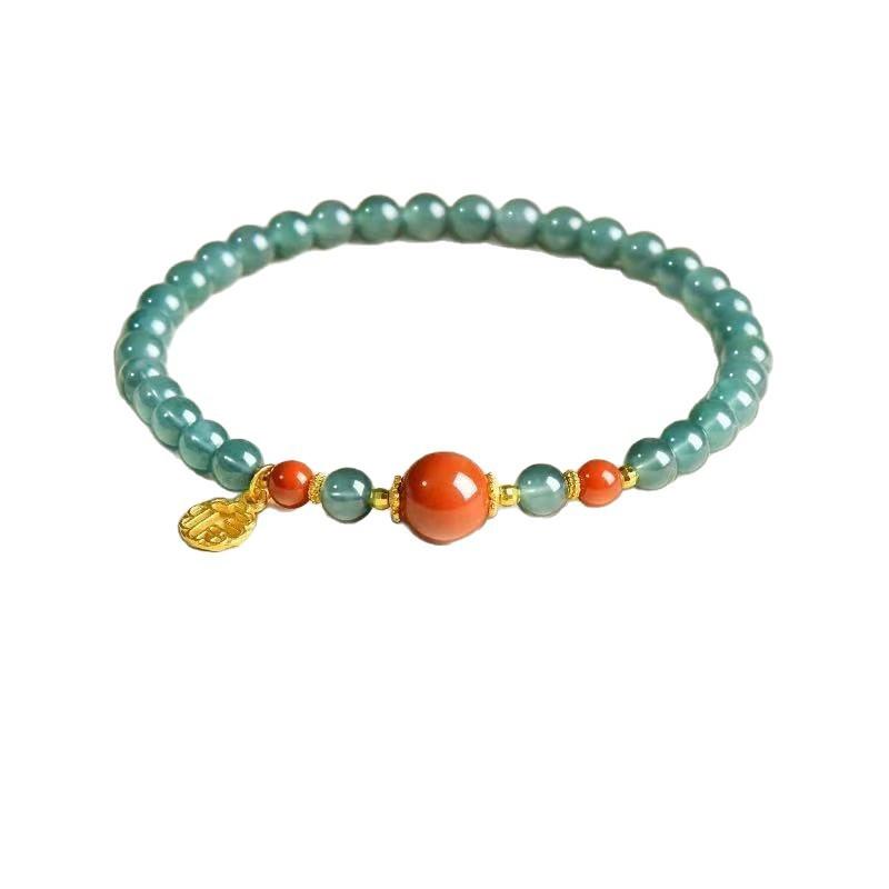 Natural blue water jadeite bracelet with full-bodied southern red agate fortune charm, Chinese style elegant single-loop bracelet for women, gift