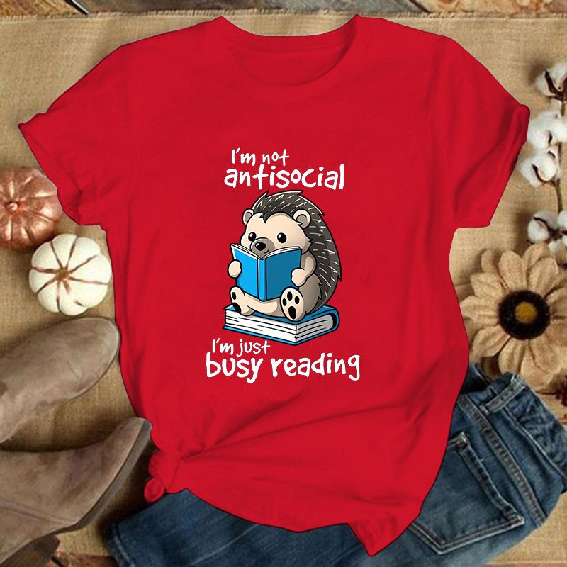

(Премиум-футболка)Футболки с принтом «Ежик, я не асоциальный, я просто занят чтением» для женщин, летние, с коротким рукавом и круглым вырезом S