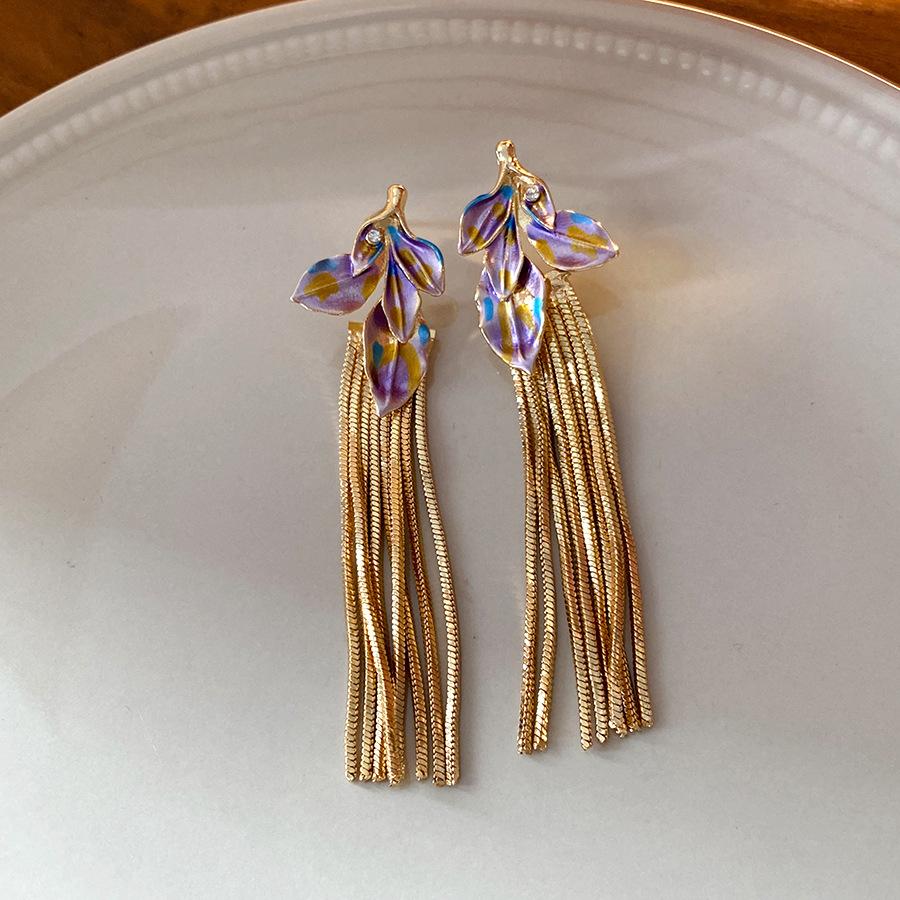 Silver Needle Diamond Colored Leaf Fringed Earrings Light Luxury Premium Earrings Fashion Personality Earrings Design Sense Niche