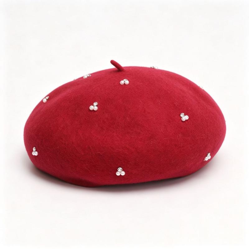 Vintage Wool Beret Pearl Rhinestone Decor Women Autumn Winter Hat Multi Color