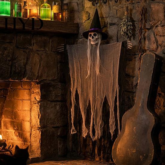 Scary Hanging Halloween Prop 38" Witch Decoration, Spooky Flying Skeleton Ghost Haunted House Decorations for Outdoor, Indoor Porch Yard Patio