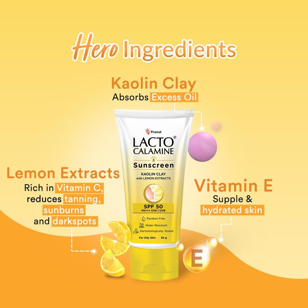 Lacto Calamine Sunscreen Kaolin Clay SPF 50 PA+++ 50g For Oily Skin Water Resistant Non-Greasy Matte Finish Daily Sun Protection