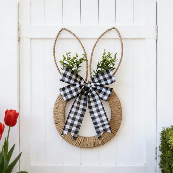 Osterhasenkranz Hanfseil Frühlingshasenkranz mit Schleife Oster-Türhänger für Bauernhaus Veranda Tür Wand Fensterdeko