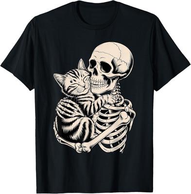 Skeleton Hugging Cat Halloween Cat Lover Cat Mom Dad T-Shirt