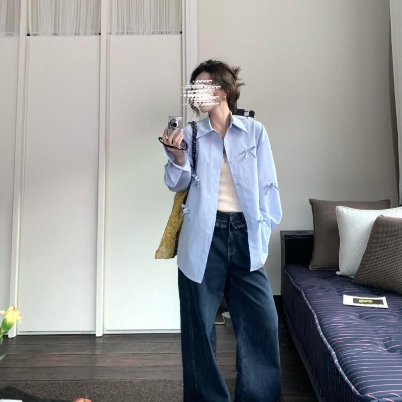 3D Bow Blue Shirt for Women Women's Chic Versatile Casual Lapel Top Solid Color Long Sleeve Lady's Single Breaste Shirts