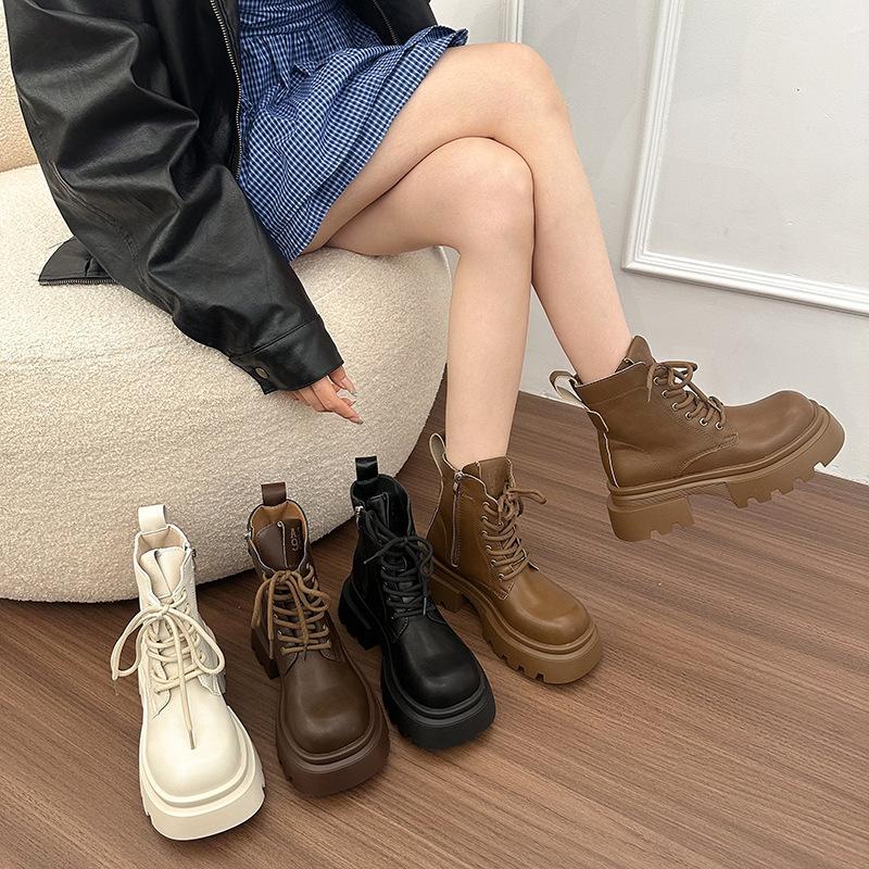 Thick-soled slim Maillard style short boots autumn new British style round head retro small Martin boots women