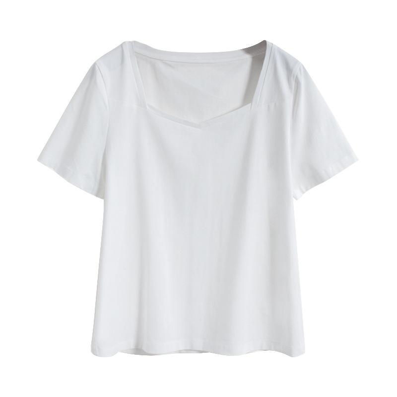 GMXIA White Short-sleeved T-shirt Women's Summer Square Neck Loose Retro Shoulder V-neck Design Feeling Niche Top Trend