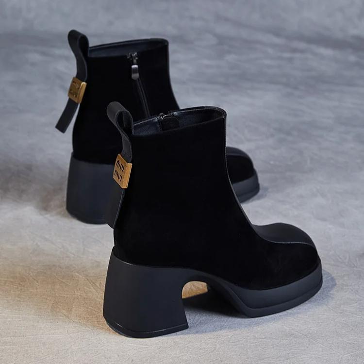 Johnature Stivali alla moda con tacco alto per donna, stivali Chelsea in vera pelle con tacco spesso e bassi in pelle di mucca