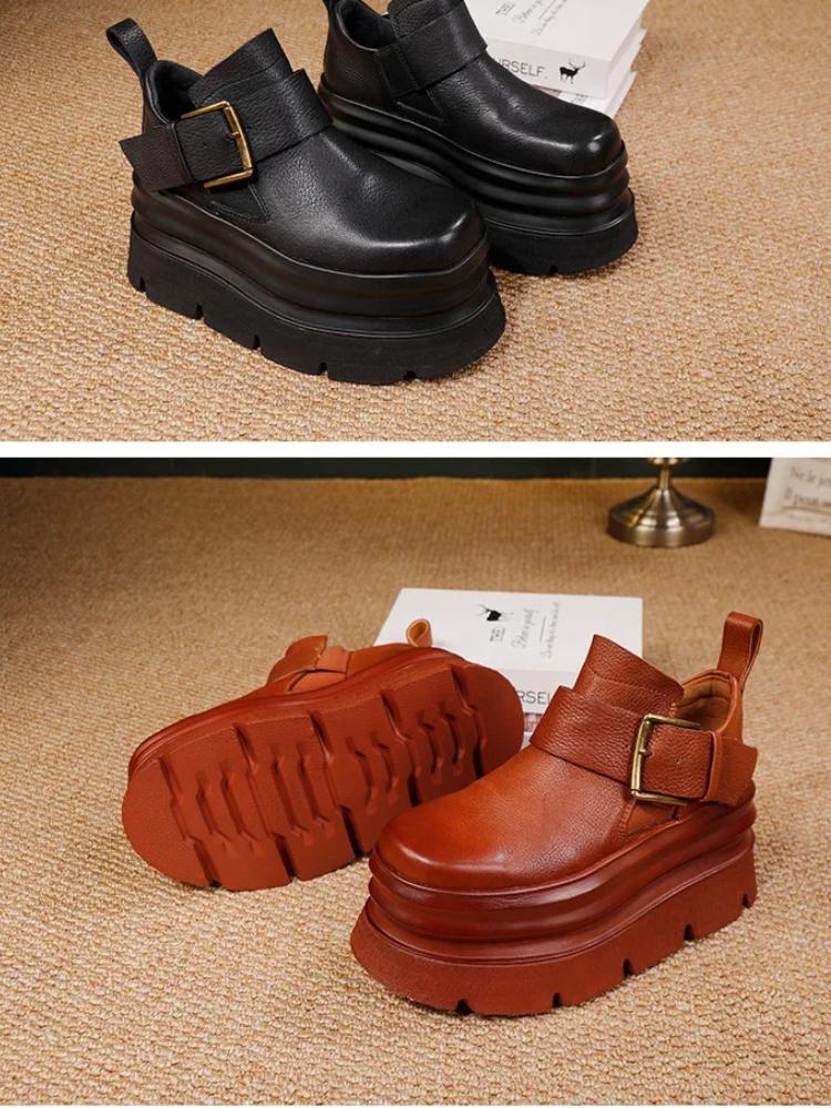 Johnature Platform Shoes Vintage Genuine Leather High Heels Women's Shoes Lightweight Height Increasing Shoes