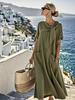2025 Summer Elegant Plus Size Loose Long Dress with Bow Pockets and Short Sleeves