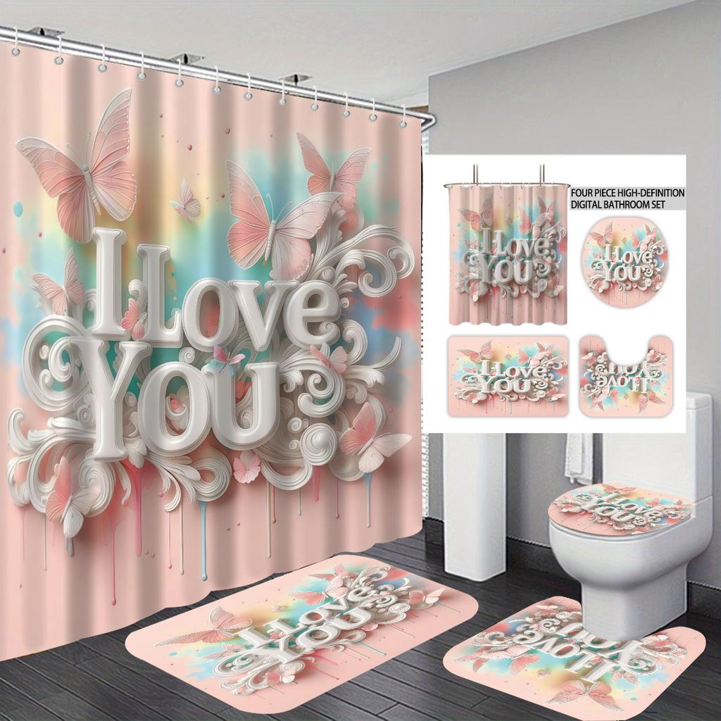 4pcs imitation relief pink Valentine's Day romantic print bathroom set waterproof shower curtain floor mat U-shaped toilet pad