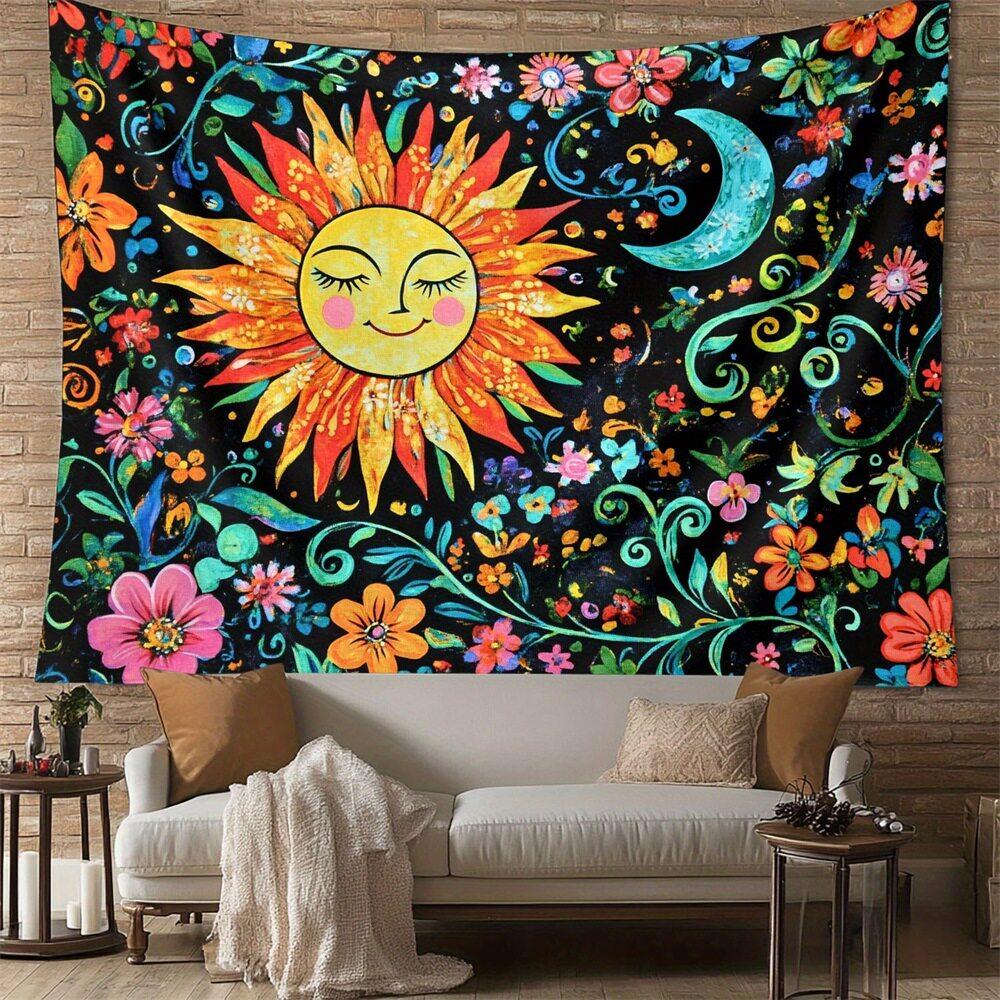 Bohemian Sun Moon Mandala Tapestry Psychedelic Floral Wall Hanging for Living Room Bedroom Decor Wall Hanging Tapestry