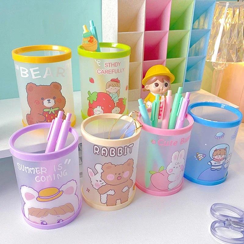 Kawaii Cartoon Pen Holder Desktop Organizer INS Transparent Pencil Case Cosmetics Brush Storage Box Home Decoration Accessories