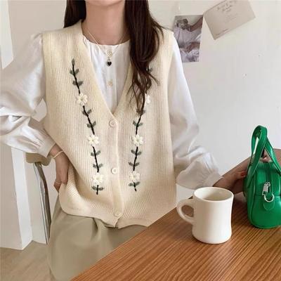 Frühling Herbst V-Ausschnitt Bestickte Strickweste Ärmelloses Top Damen Pullover Weste