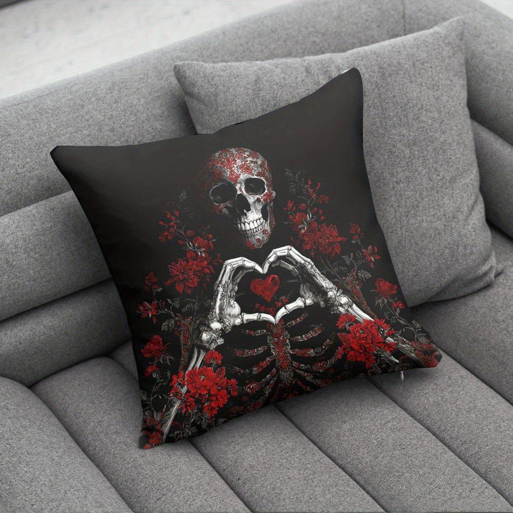 1pc, Red Rose Skull Hands Forming a Heart Pillowcase, (17.71*17.71in/45*45cm) Home Comfort Decorative Pillow Cover for Living Room, Bedroom, Sofa Cush