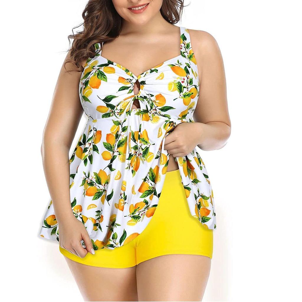 Costumi da Bagno da Donna Taglie Forti con Fiori Vita Alta Boxer Set Tankini da Spa Beachwear