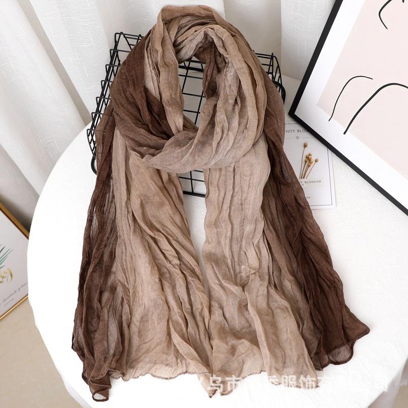Contrast Color Cotton And Linen Wrinkled Scarf Female Literary And Artistic Fan Atmosphere Warm Silk Scarf Retro Gradual Change Color Scarf Shawl