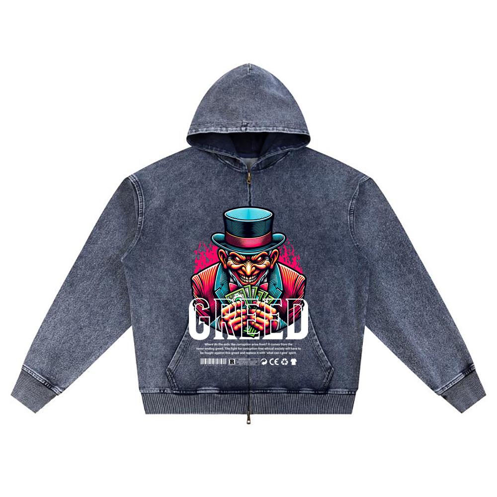 DTG Print Knitted Denim Zip-Up Hoodie Greed Brother Print Zipper Hoodies
