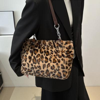 National Style Simple Women Leopard Tote Bag Lady Luxury Fluffy Shoulder Bag
