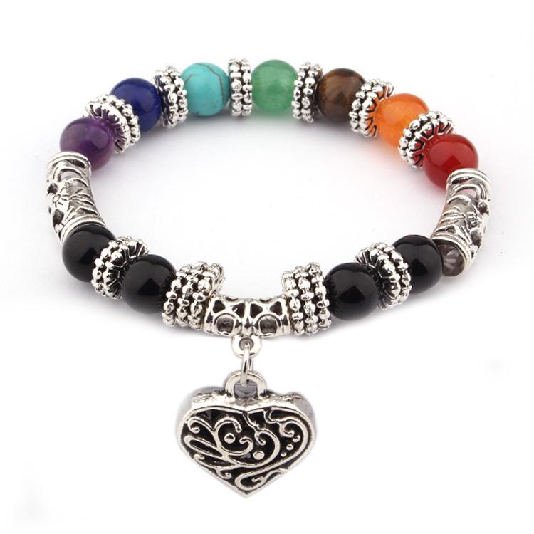 Rainbow Seven-Color Energy Natural Agate Unisex Yoga Heart Bracelet