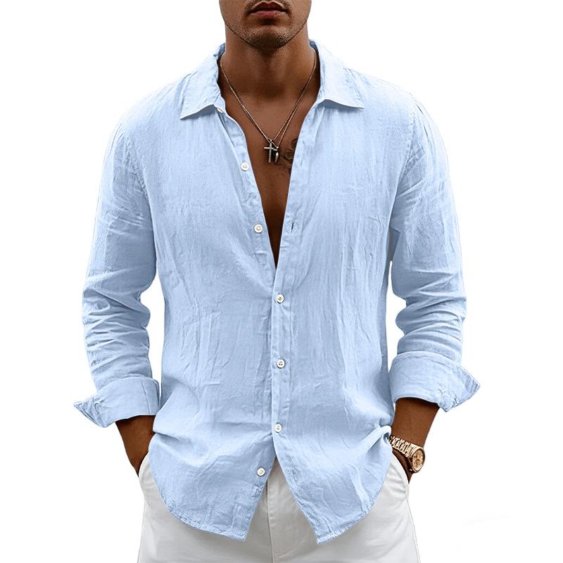 New Men's Solid Color Long Sleeve Shirt Linen Cotton Shirts Trend Plus-size Lapel Collar Casual Lightweight Beach Tops