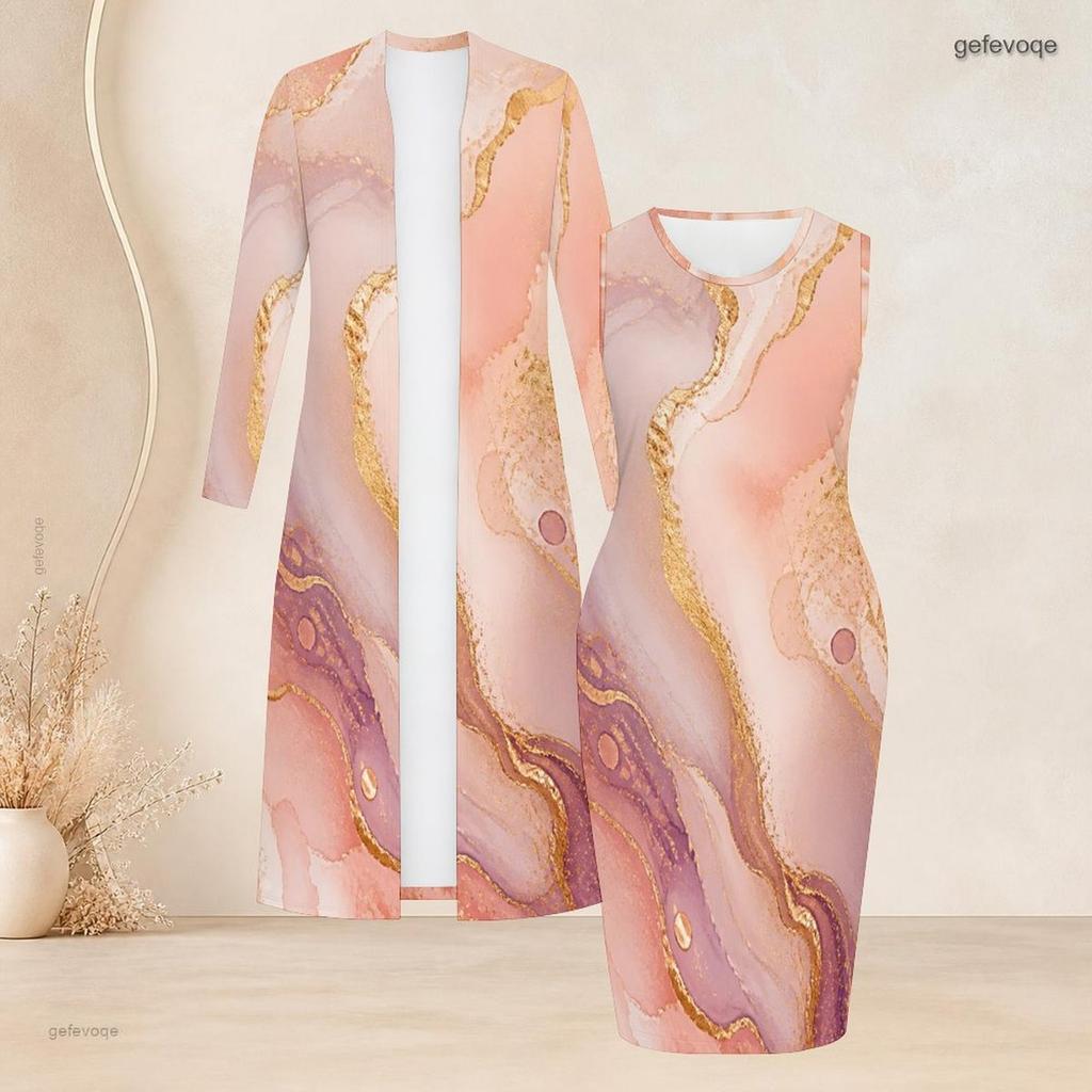 Women Plus Size Two Piece Set Long Sleeve Open Front Cardigan Round Neck Sleeveless Bodycon Dress Blue Black Gold Printed
