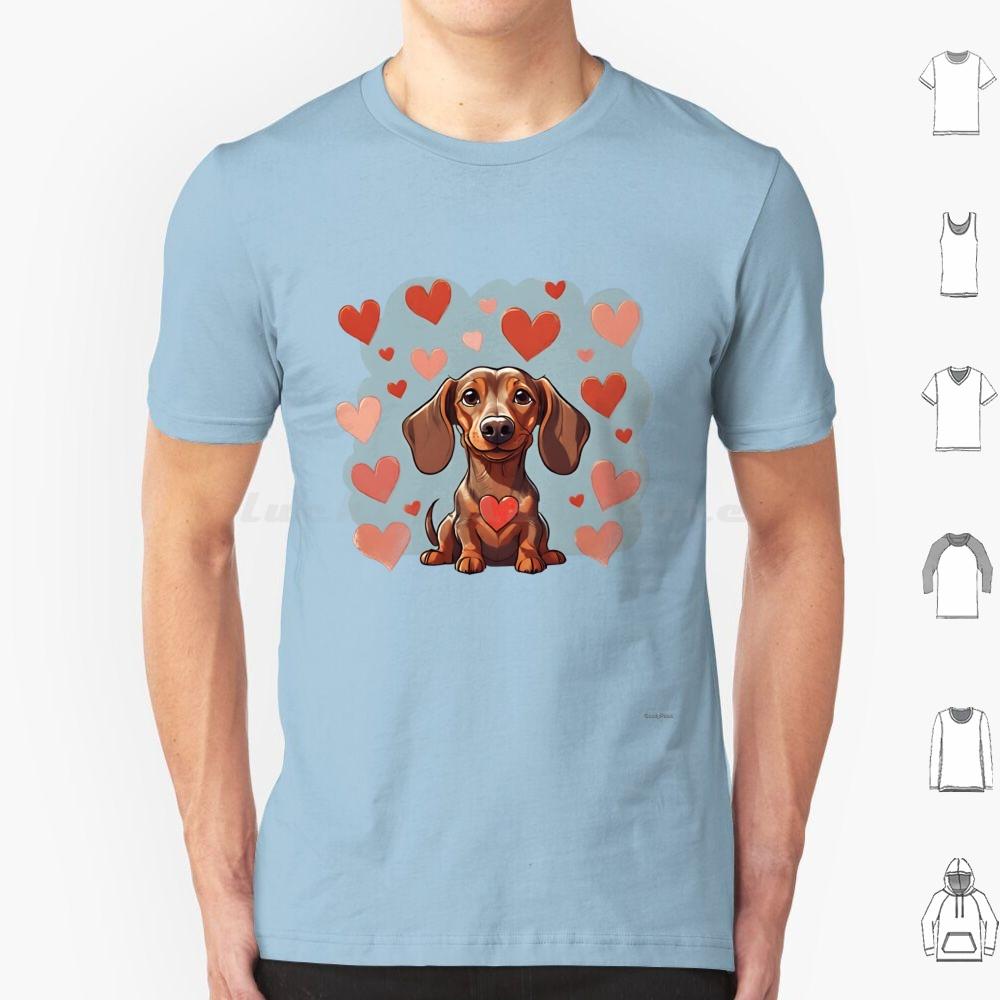 Cute Valentine Daschound Dog T Shirt Cotton Men Women DIY Print Dog Breeds Cute Dog Dog With Hearts Valentine Dog Animals