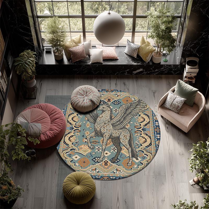 Vintage Pattern Animals,Round Area Rug,Carpet Rug for Living Room Bedroom Sofa Playroom Decor,Non-slip Floor Mat