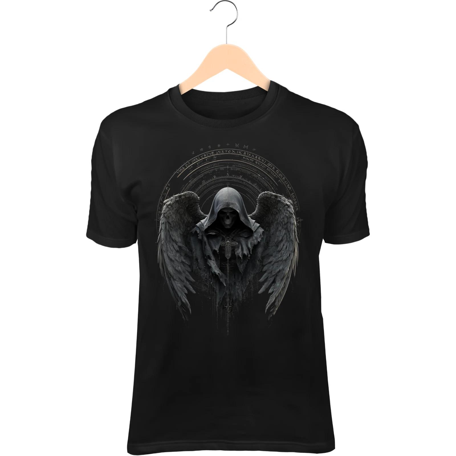 Gothic Angel of Death T-Shirt - Skull Reaper with Runes & Wings L