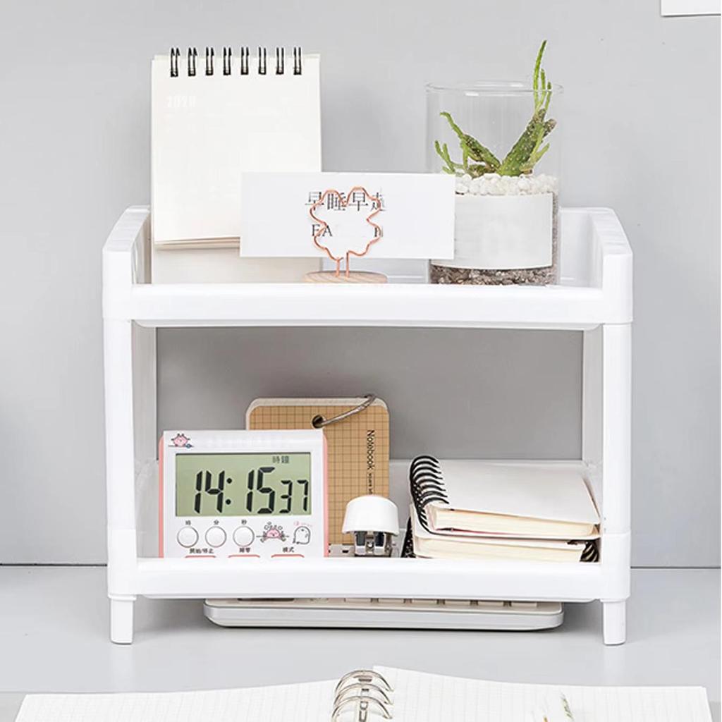 1PC PP Desktop Double Layer Storage Rack Rectangular White Organizing Student Desk Office Cosmetics Stationery