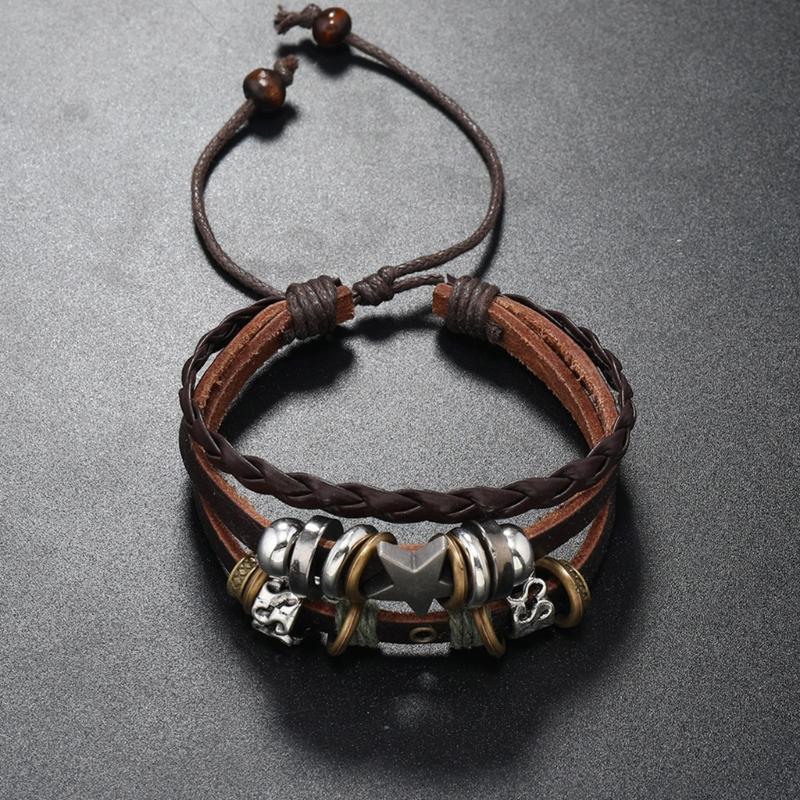 Multi Layer Leather Bracelet Adjustable Star Beaded Bangle for Women Men
