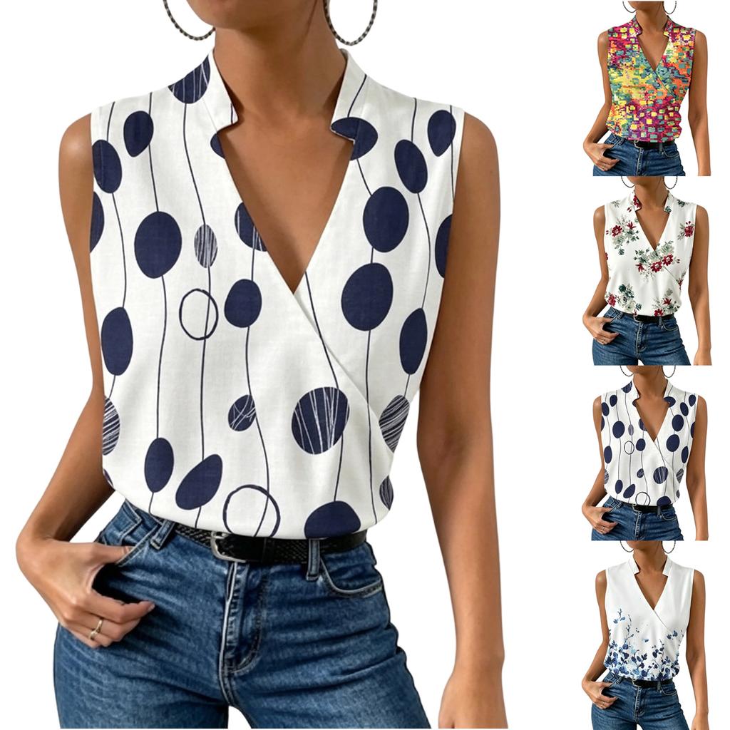 Women Sleeveless V Neck Casual Pullover Digital Print Top Blouse Lightweight Summer Shirt
