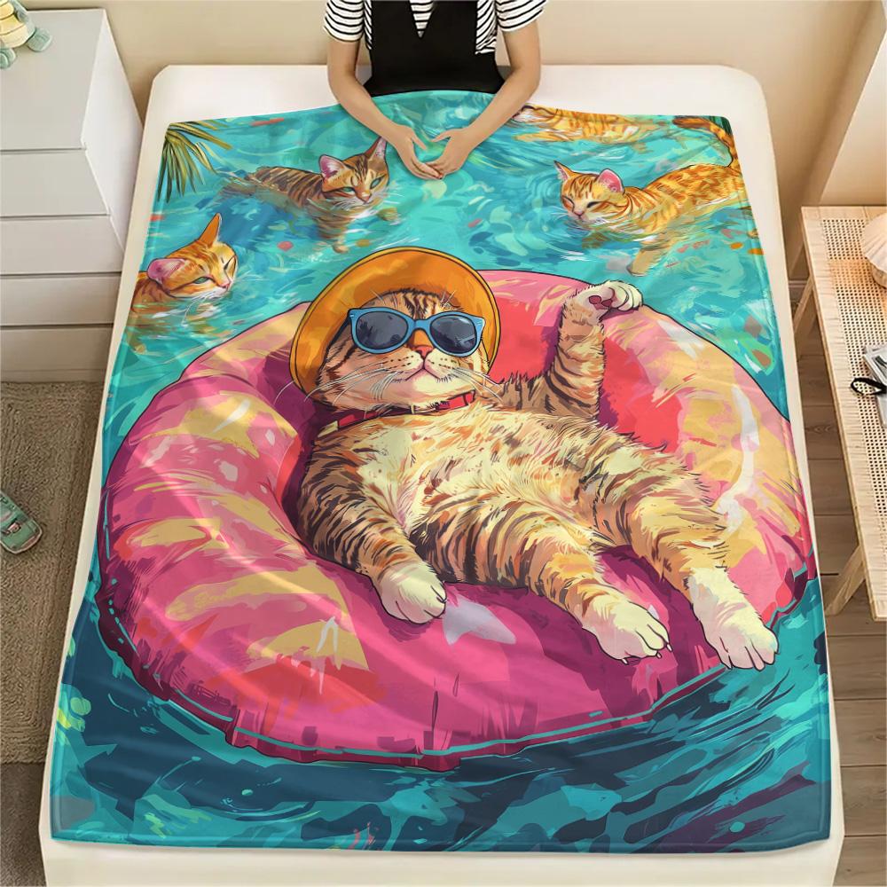 Cats with Swim Rings  Print Flannel Blanket, High quality Comfortable for All Seasons, Home Decor, Warmth and Comfort