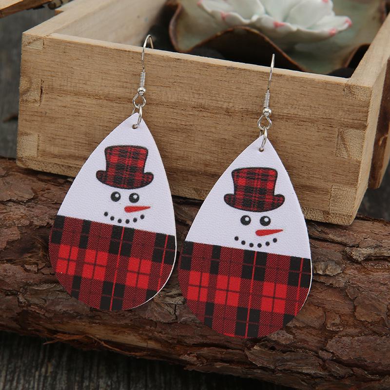 European & American Christmas Red Plaid Snowman Teardrop PU Leather Earrings