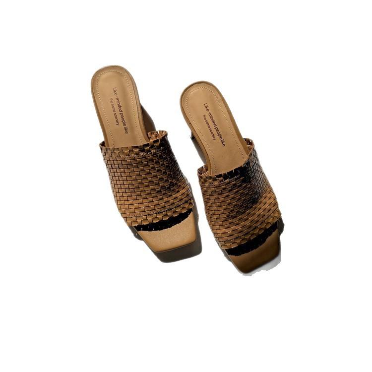 Handwoven~ Retro cowhide slippers women's head summer new solid color temperament foot thick heel cool slippers