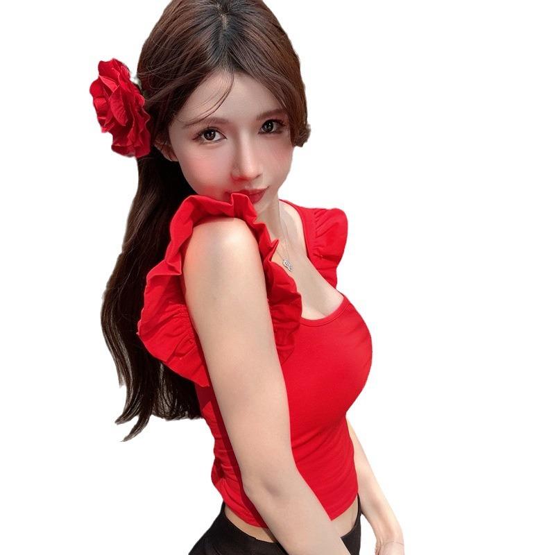 Summer New French Slim Fit and Thin Waist Square Neck Small Flying Sleeve T-shirt Spice Girl Pure Desire Sexy Top