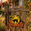 Retro Moon Wall Ornament Halloween Wood Door Hanger Sign, Pumpkin And Black Cat Printed, with Hemp Decorative Entryway Hanging Board Rope