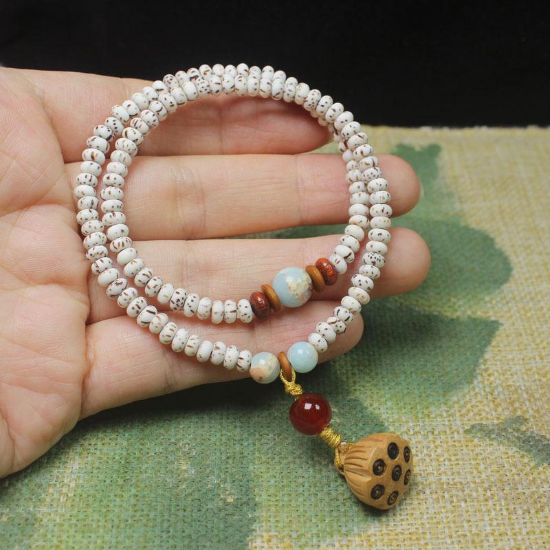 

Star Moon Bodhi Double Circle Bracelet with Shoushan Stone Beads & Wooden Lotus Pendant